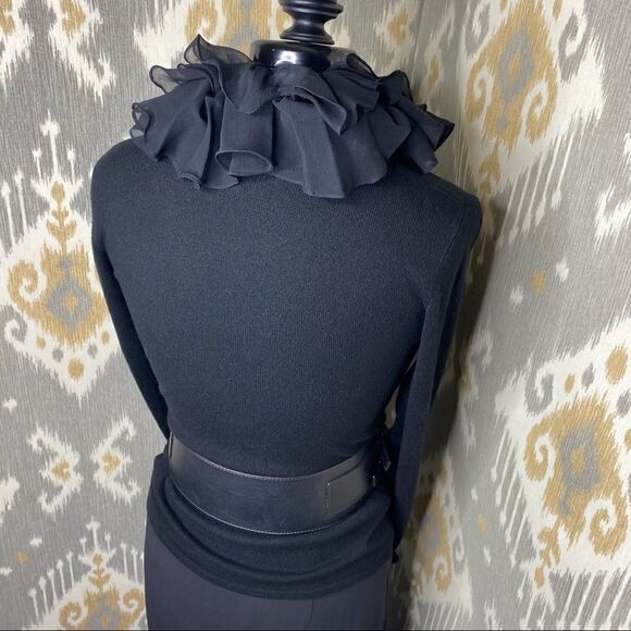 Ralph Lauren Black Cashmere Silk Crepe Ruffled V-neck Long Sleeve Sweater - Picture 4 of 16